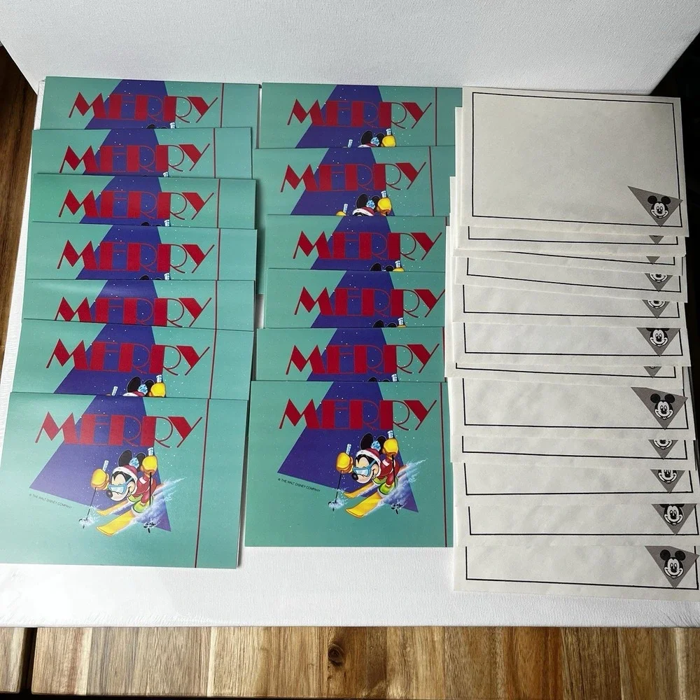 Rare Vintage Mickey Mouse Skiing "Merry" Christmas Cards NOS - Set of 13 - Picture 3 of 11